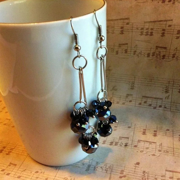 Hand Crafted Swingy Black Faceted Czech Crystal 80mm Long Double Dangle Earrings - Picture 3 of 5
